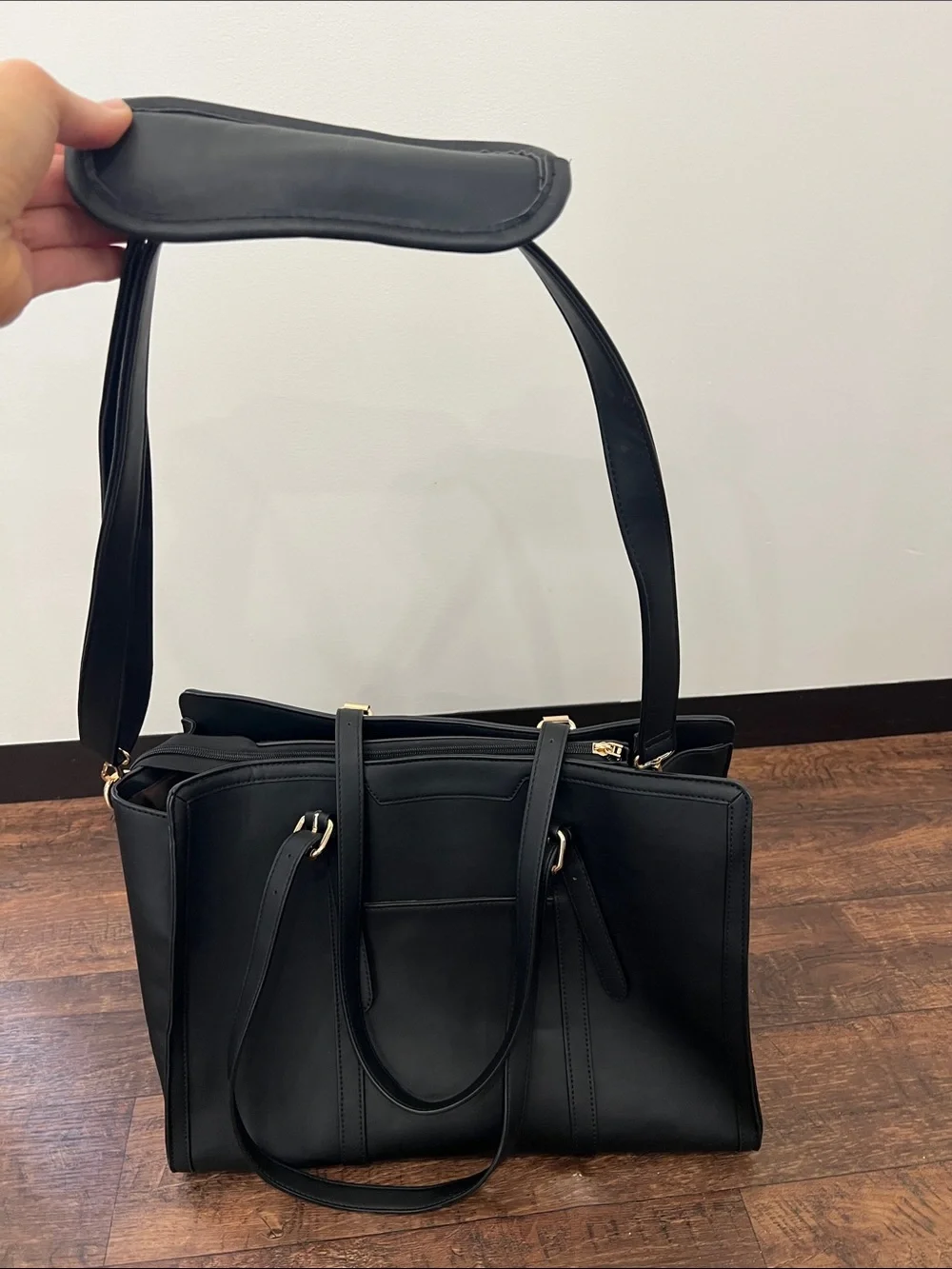 Black Leather Women’s Laptop Bag with Gold Accents